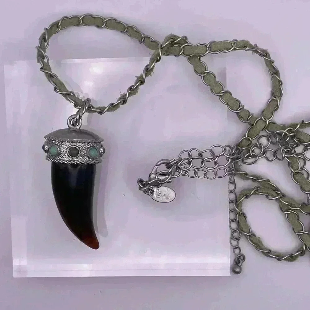 Lia Sophia Cornucopia Necklace - silver-tone w/ sage green suede cord brown horn - Picture 5 of 5